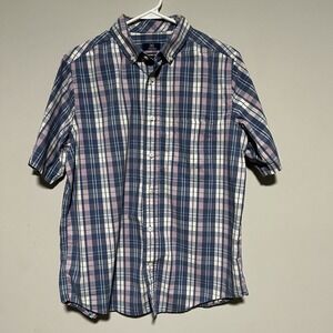 George Classic Fit Men's Size Medium Blue Pink Short Sleeve Button Front Shirt